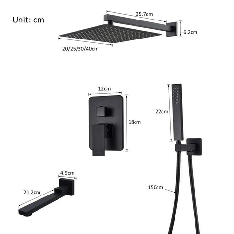 UMJIGF Shower System Wall Mounted Concealed Shower Faucet Set Multifunction Matte Black Shower Combo Set with Shower Head, Handheld Shower, Swivel Tub Spout,8 Inch,8 Inch, including 8 inch rain shower head and handheld shower.