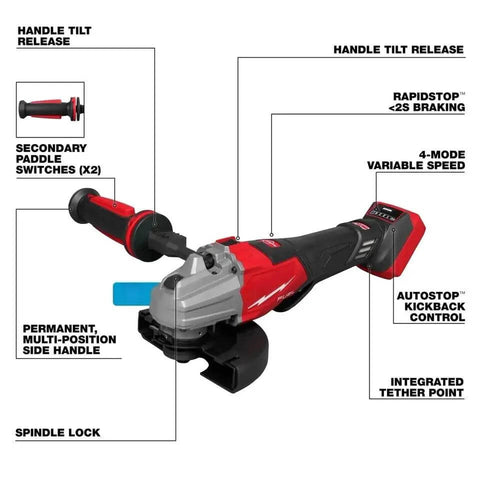 No Drama Brushless Variable Speed Angle Grinder 4 5 6 Inch Smooth Operator Power Tool features handle and switches.