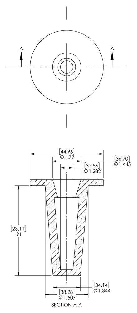 Caplugs T-253-2 T Series plastic tapered cap and plug, red LD-PE; top view and cross-section.