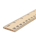 Close-up of a 12 inch wooden ruler showing dual metric and inch scales for school and DIY projects.