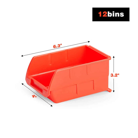Single orange plastic bin from Wall Mounted Storage Bins Set With 12 Plastic Bins And 3 Rails For Garage Tools Hanging Organizer