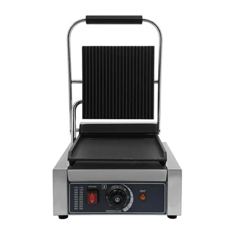 Heavy Duty 1800W Commercial Sandwich Panini Press Grill with stainless steel body and adjustable temperature control for catering.