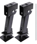 Two Pack Swing Down Trailer Stabilizer Jacks With Seven Inch Drop Leg And Eighteen Inch Adjustable Rod Handle For RV Camper And Travel Trailer Support With Included Mounting Screws No Fuss Install From Twelve To Eighteen Inches showing two black metal jacks with adjustable handle.
