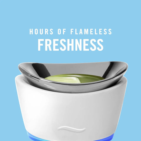 Wax Melts Air Freshener With Gain Original Scent Pack Of 8 That Fights Odors in a ceramic warmer, text 'Hours of Flameless Freshness'