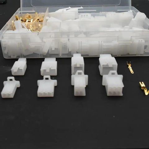 380 Piece Electrical Terminal Kit for Cars and Bikes with connectors in a box, showing 2 Pin 3 Pin 4 Pin 6 Pin types.