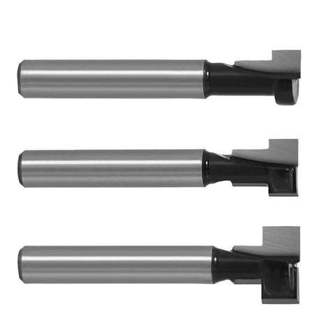 Heavy Duty Three Piece Keyhole Router Bit Set With Rugged Quarter Inch Shank Corrosion Resistant Coating, featuring carbide cutters.