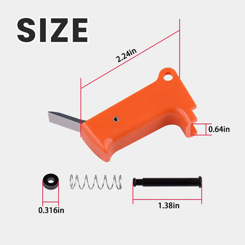 Trigger Assembly For T250A-F16 500910 Nailer Kit with trigger, pin, spring, dimensions displayed