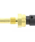 Side view: Engine coolant temperature sensor with brass body, threaded end and black plastic connector