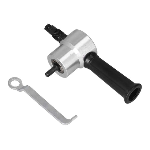 Double Head Metal Nibbler Attachment For Cutting Iron, Stainless Steel And Aluminum Sheets At 1500 To 3000 RPM, shown with handle and tool
