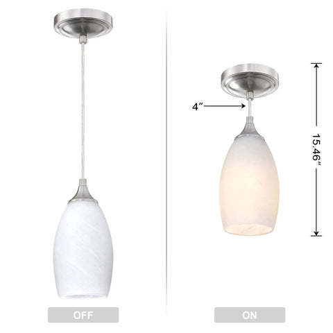 3 Pack Indoor Mini Hanging Kitchen Island Pendant Lights with 4.75 Inch Frosted Glass Shade in Brushed Nickel Finish, off and on view