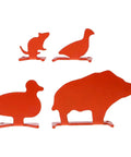 Animal Silhouette Steel Target For Backyard Practice showing duck, boar, rat, bird shapes in small carbon steel, orange color.