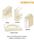 Legit Game Changer Router Inlay Kit With Solid Brass Bushing Guides Precision Alignment Pin Tough Tungsten Carbide 1/8 Inch Upcut Downcut SpiralBits 1/4 Inch Shank For No Sweat Template Work illustration of dados, grooves, rabbets, and jasper circles.