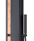 HomeStock Matte Black Shower System with Rainfall Head, close-up of bamboo panel and handheld wand attachment.