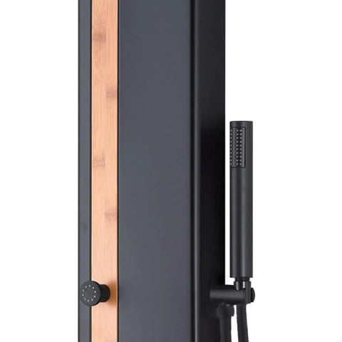 HomeStock Matte Black Shower System with Rainfall Head, close-up of bamboo panel and handheld wand attachment.