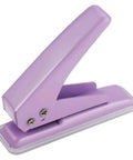 Purple heavy-duty single hole punch for up to fifteen sheets, metal handheld paper punch for ID cards, PVC, cardboard, and craft projects.