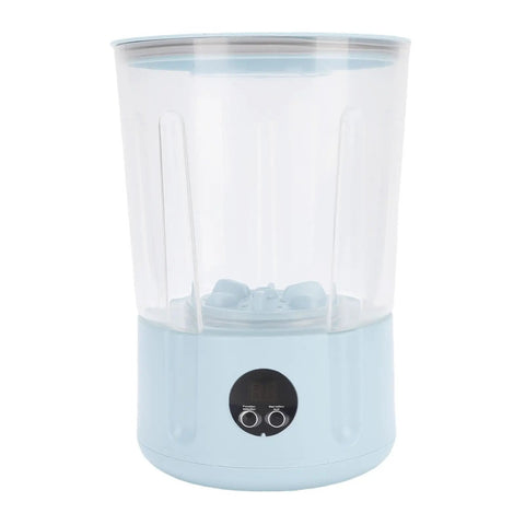 Rechargeable Cordless Mini Portable Washer With Turbo Water Tech Cleans Delicates Undies Socks And Towels With Gentle Kneading Action Dual Batteries in light blue with digital controls.