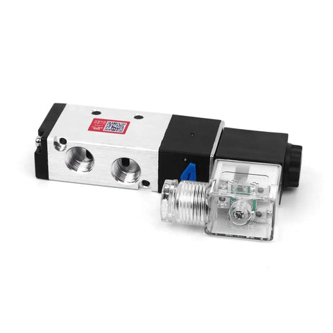 Heavy Duty Single Coil Solenoid Valve With Slick One Quarter Inch Npt Fittings Pilot Operated Electric Switch Designed For Tight Garage Spaces Reliable Dc Twenty Four Volt Pull Smooth Shifting Five Port Two Position Setup Built Tough For Grind