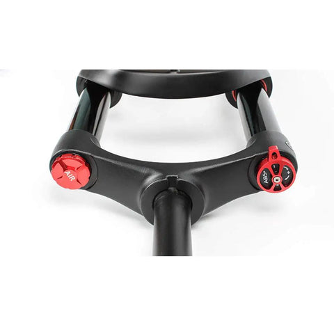 Close-up of adjustable air damping controls on Beefy Fat Bike Air Fork 26 Inch With One And One Eighth Inch Steering Tube 135mm Spread 120mm Travel D34mm Inner Tube Fits 4.0 Inch Tires Aluminum Magnesium Build Adjustable Air Damping For Beach Snow And E Bikes