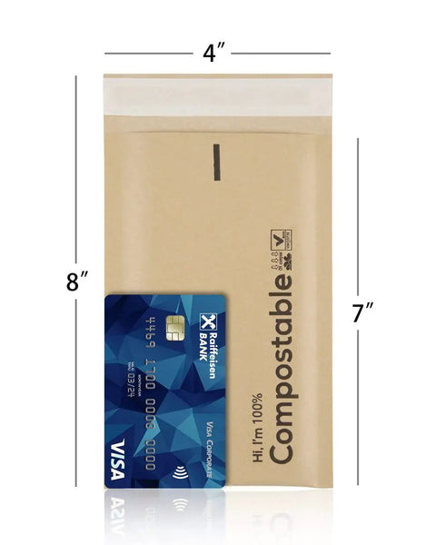 4x8 Biodegradable Bubble Mailers 25 Count Kraft Brown Compostable Padded Envelopes Self Seal shown with a credit card for size reference