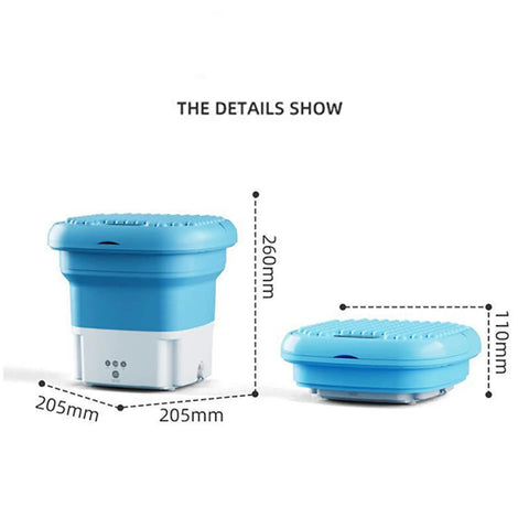 Compact Portable Mini Washing Machine Foldable Washer With Spin Dryer Bucket, folded and extended with size dimensions shown