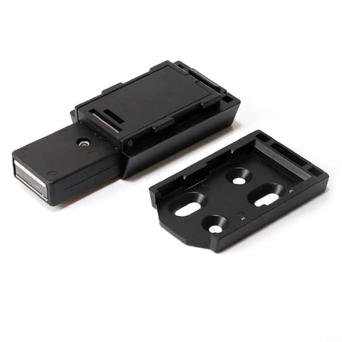Push To Open Cabinet Catch With 25 Lbs Magnetic Hold, Spring Loaded Door Latch components, disassembled on white surface