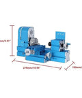 Qiokoith Mini Metal Micro Lathe With 20000 RPM For Precision Woodworking And Machining, blue compact design, dimensions shown.