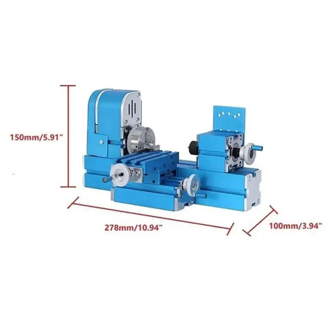 Qiokoith Mini Metal Micro Lathe With 20000 RPM For Precision Woodworking And Machining, blue compact design, dimensions shown.