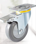 Close-up of Heavy Duty Furniture Castors Featuring Quiet Gray Rubber Wheels Smooth Rolling Swivel Plate and Dual Locking Brakes.