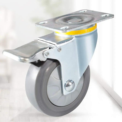 Close-up of Heavy Duty Furniture Castors Featuring Quiet Gray Rubber Wheels Smooth Rolling Swivel Plate and Dual Locking Brakes.