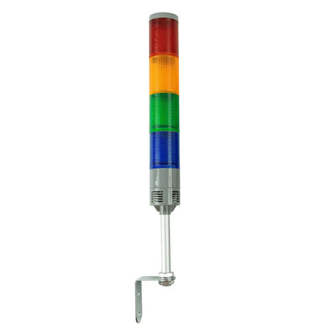 Four-Stack LED Industrial Signal Tower Light With No Sound Andon Lights, Off On Flashing Mode, 24V DC, Indoor Warehouse Use, 5.3 Inch Pole