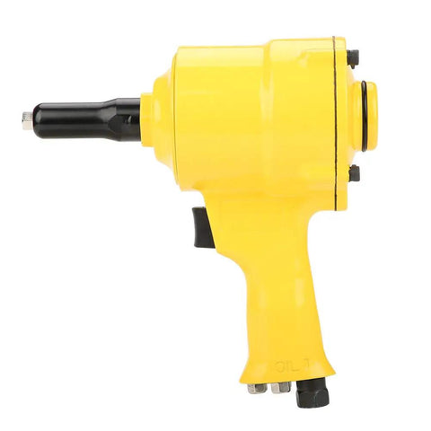 Built Like A Tank Pneumatic Rivet Gun Featuring An Easy Grip Design And Rapid Air Powered Drive For Auto Repair And Metal Fabrication 2 Point 4 To 4 Point 8 mm Fasteners In Bright Yellow side view showing the black nozzle and grip.