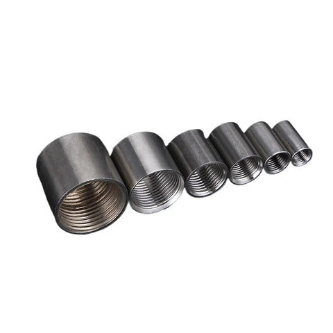 Stainless Steel BSPT Female Round Pipe Coupler Connector Set One Eighth To Four Inch For Water Lines Compatible With SS201 SS304 SS316 Fittings Multi Size Pipe Fitting Adapter displayed in various sizes.