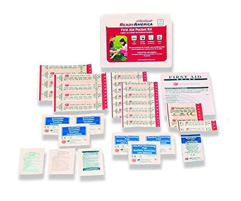 Ready America 72-Hour Emergency Kit for 2 people; red kit box with first aid components spread out.