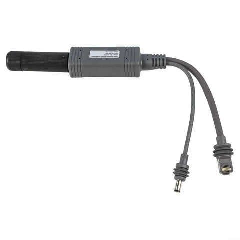 Power Over Ethernet Splitter For Mini Systems Keeps Your Setup Clean With One Cable Delivering Power And Data IP68 Rated 10 100 1000 Mbps Network Up To 100 Meters Ideal For Compact Home And Office Installations., gray PoE splitter with Ethernet and DC connectors