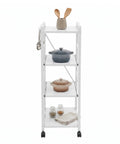 White 4 Tier Rolling Kitchen Cart With Pull Out Shelf Adjustable Middle Racks And Secure Locking Wheels Microwave Stand Heavy Duty Storage Rack showcasing cooking utensils and pots.