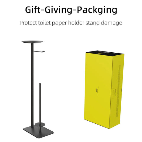 Floor Standing Toilet Paper Holder Dispenser With Four Roll Storage And Top Shelf For Phone Wipes And Wallet Rust Resistant Stainless Steel Black Finish next to yellow box packaging