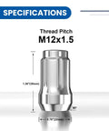Specifications of 12x1.5 Lug Nuts Six Spline Closed End Chrome Acorn Lug Nuts 1.38 Inch Tall 19mm Hex 60 Degree Conical Seat