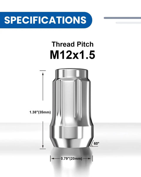 Specifications of 12x1.5 Lug Nuts Six Spline Closed End Chrome Acorn Lug Nuts 1.38 Inch Tall 19mm Hex 60 Degree Conical Seat