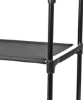 4 Shelf Closet Organizer With Black Metal Frame And Two Collapsible Fabric Bins And Straight Up Heavy Duty Vertical Shoe Rack Clutch Dorm Room And Small Space And Tidy Home Storage Solution black metal shelf close-up featuring sturdy design.