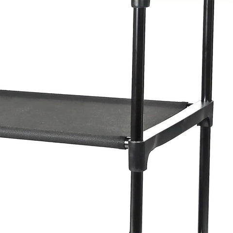 4 Shelf Closet Organizer With Black Metal Frame And Two Collapsible Fabric Bins And Straight Up Heavy Duty Vertical Shoe Rack Clutch Dorm Room And Small Space And Tidy Home Storage Solution black metal shelf close-up featuring sturdy design.