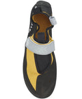 Top view of Climbing Shoes Size 9.5 For Sport Climbing With Precision Fit And Lightweight Comfort Dope Grip Vibram Outsole, yellow/grey.