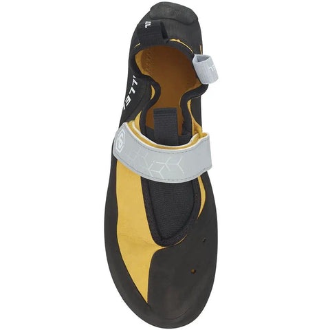 Top view of Climbing Shoes Size 9.5 For Sport Climbing With Precision Fit And Lightweight Comfort Dope Grip Vibram Outsole, yellow/grey.
