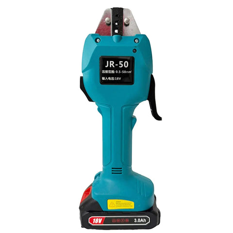 18V Cordless Electromechanical Hydraulic Battery Powered Terminal Crimper With 2-Piece Iron Batteries, Powerful 16KN Press Tool displayed front view.