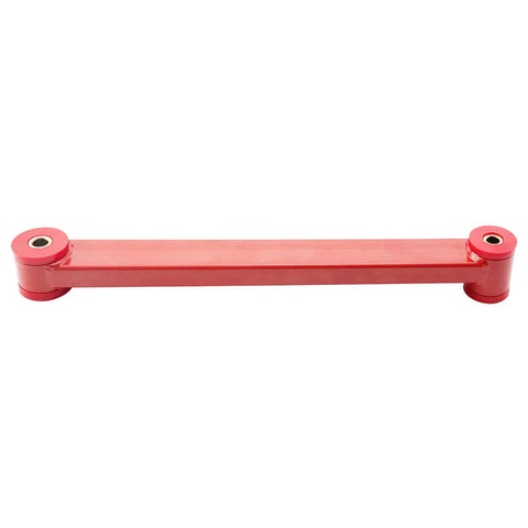 Non Adjustable Rear Upper And Lower Control Arms With Adjustable Panhard Bar Performance Kit For 2005 2014 Ford Mustang 2 Door Coupe Red red steel rear control arm shown on white background