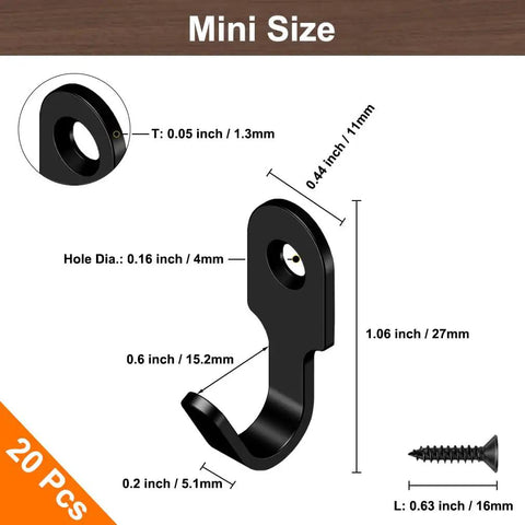 Diagram of Black 20Pcs Small J Hooks Set Made From 304 Stainless Steel with dimensions and screws included, mini size design.