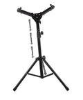 Hella Sturdy 12 Fold Snare Drum Stand Rack With Heavy Duty Accessory Holder For Practice Pads And Gear Compact Road Ready Top Shelf Black Finish, front view with tripod legs and adjustable mounts.