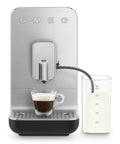 No Sweat Brewing Fully Automatic Espresso Machine With Integrated Grinder And One Touch Milk Frother For Silky Lattes Bold Shots And Ten One Tap Presets 19 Bar Pressure Compact Space Saving Matte Black, with espresso shot and milk container.