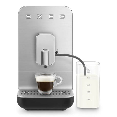 No Sweat Brewing Fully Automatic Espresso Machine With Integrated Grinder And One Touch Milk Frother For Silky Lattes Bold Shots And Ten One Tap Presets 19 Bar Pressure Compact Space Saving Matte Black, with espresso shot and milk container.