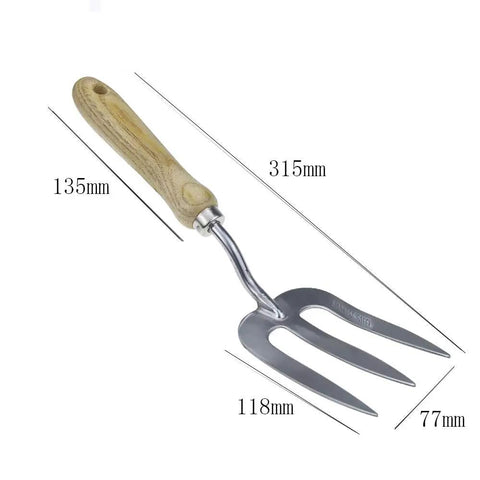 Ergonomic Stainless Steel Hand Fork for Gardening with polished finish and wooden handle, shown with dimensions