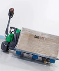 Maneuver Heavy Loads With This Smooth Full Electric Pallet Jack Truck, featuring a pallet loaded with wrapped goods.
